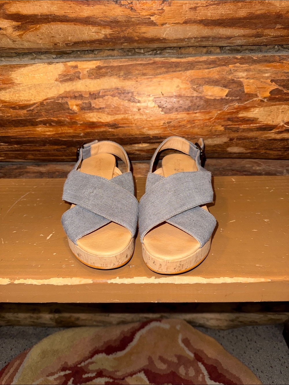 💙Gorgeous Denim & leather Garnet Hill 39(8) Crisscross Cork Wedge Sandals